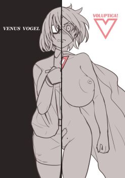 1girl black_background breasts cape censored censored_identity character_logo character_name collarbone collared_shirt cowboy_shot female_pubic_hair formal_clothes glasses greyscale heart-shaped_pubic_hair huge_breasts jacket long_sleeves mole mole_on_crotch mole_on_pussy monochrome naked_cape nipple_indents nipples office_lady opaque_glasses open_clothes open_jacket original partially_opaque_glasses pencil_skirt perky_breasts pubic_hair rectangular_eyewear shaped_pubic_hair shirt shirt_tucked_in short_hair simple_background skirt skirt_suit solo split_screen split_theme straight-on suit superhero_costume ukavonnak unkempt v_(letter) venus_vogel_(ukavonnak) white_background