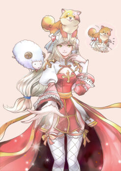 Rule 34 | 1girl, animal, animal on head, arch bishop (ragnarok online), blonde hair, breasts, cleavage, cleavage cutout, clothing cutout, commentary request, cowboy shot, cross, dog, dog on head, dress, fishnet thighhighs, fishnets, grey background, hair ornament, heart, heart hair ornament, juliet sleeves, lace, lace-trimmed thighhighs, lace trim, long hair, long sleeves, looking at viewer, low-tied long hair, medium breasts, on head, open mouth, philippa, puffy sleeves, ragnarok online, reaching, reaching towards viewer, red dress, sash, sheep, shiba inu, simple background, smile, solo, thighhighs, two-tone dress, very long hair, white dress, white thighhighs, yellow eyes, yellow sash