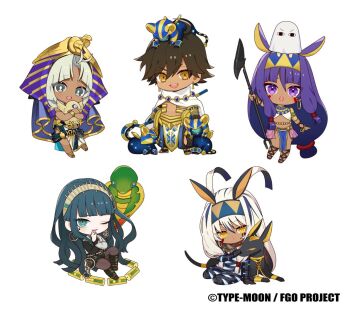 2boys 3girls ancient_egyptian ancient_egyptian_clothes animal_ears antenna_hair bandages bird black_bandages chibi chibi_only cleopatra_(fate) dark-skinned_female dark-skinned_male dark_skin earrings facepaint facial_mark fate/grand_order fate_(series) green_eyes green_hair grey_eyes grey_hair hair_between_eyes hairband hoop_earrings jackal jackal_ears jewelry koyori_tsuda long_hair looking_at_viewer medjed_(fate) multiple_boys multiple_girls nitocris_(fate) nitocris_alter_(fate) nitocris_alter_(first_ascension)_(fate) official_art one_eye_closed open_mouth ozymandias_(fate) promotional_art purple_eyes purple_hair short_hair sidelocks simple_background smile snake sphinx tutankhamun_(fate) tutankhamun_(second_ascension)_(fate) usekh_collar white_background white_hair yellow_eyes
