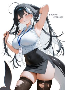 1girl absurdres ahoge armpits black_hair black_skirt black_thighhighs borrowed_character breasts cetacean_tail chokopaii collared_shirt colored_inner_hair commentary covered_navel cowboy_shot double-parted_bangs fins fish_tail grey_eyes grey_hair grin hair_between_eyes hand_in_own_hair high-waist_skirt highres holding holding_own_hair id_card lanyard large_breasts long_hair looking_at_viewer multicolored_hair office_lady orca_(haze_(7h4ze)) orca_girl original paid_reward_available patreon_username pencil_skirt shirt simple_background skindentation skirt sleeveless sleeveless_shirt smile solo standing tail taut_clothes taut_skirt thighhighs torn_clothes torn_thighhighs two-tone_hair very_long_hair white_background white_shirt