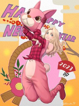 Rule 34 | 1girl, 2023, 5tatsu, animal costume, becca woolett, blonde hair, blue eyes, chinese zodiac, commentary request, full body, happy new year, highres, long hair, new year, official alternate costume, parted bangs, parted lips, plaid clothes, plaid skirt, rabbit costume, red shirt, red shoes, resident evil, resident evil: resistance, shirt, shoes, skirt, smile, solo, teeth, twitter username, year of the rabbit