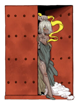 1boy 1girl absurdres blush body_writing breasts chinese_clothes chinese_commentary chinese_text closed_mouth cloud commentary_request cum cumdump door ebonyxh eylin_eyla_(ebonyxh) freckles grabbing_another's_hair hagoromo highres holding_another's_hair licking_lips long_sleeves looking_at_viewer nipple_piercing nipple_rings original piercing pussy_juice ringed_eyes saliva scar scar_on_neck shawl shoes short_hair small_breasts smile solo_focus standing sweat tally tongue tongue_out translation_request very_sweaty wide_sleeves yellow_nails