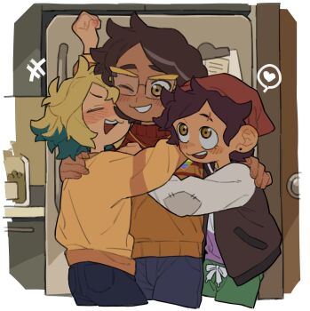 3girls :3 beanie brown_hair camila_noceda cropped_legs dark-skinned_female dark_skin dayama eyebrow_cut family_bonding glasses green_hair group_hug hat heart highres hug jacket letterman_jacket looking_at_another luz_noceda mother_and_daughter multicolored_hair multiple_girls refrigerator scar short_hair spoken_heart streaked_hair sweater the_owl_house two-tone_hair vee_(the_owl_house)