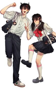 Rule 34 | 1boy, 1girl, :d, absurdres, bag, bag charm, black pants, black shoes, black skirt, breasts, buttons, charm (object), clenched hand, commentary request, full body, ggnmdn, highres, kneehighs, korean commentary, loafers, neck ribbon, open mouth, original, pants, red ribbon, ribbon, school bag, school uniform, shirt, shoes, short sleeves, skirt, sleeves rolled up, smile, sneakers, socks, standing, standing on one leg, summer uniform, teeth, tongue, twintails, upper teeth only, v, white shirt, white shoes, white socks