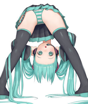 1girl ass bent_over black_boots black_skirt black_sleeves black_thighhighs boots eyebrows forehead from_behind full_body green_eyes green_hair hands_on_headphones hatsune_miku headphones headset highres kuroshiro00 legs legs_apart long_hair looking_back looking_through_own_legs open_mouth panties simple_background skirt solo striped_clothes striped_panties thigh_boots thighhighs thighs twintails underwear very_long_hair vocaloid white_background