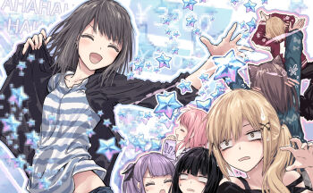 6+girls ^_^ arms_up bang_dream! bang_dream!_girls_band_party! black_hair black_jacket black_shirt blank_eyes blonde_hair blue_shirt blue_sweater blunt_bangs blush breasts brown_hair censored closed_eyes coat_stash collarbone commentary cone_hair_bun double_bun fake_censor hair_bun hair_ornament highres ichigaya_arisa jacket letterman_jacket long_hair long_sleeves maruyama_aya medium_breasts midriff_peek mosaic_censoring multiple_girls off-shoulder_shirt off_shoulder open_clothes open_jacket open_mouth own_hands_clasped own_hands_together pink_hair purple_hair purple_sweater red_jacket sato_masuki shaded_face shirokane_rinko shirt short_hair sidelocks sleeves_past_wrists star_(symbol) striped_clothes striped_shirt sweatdrop sweater too_many_stars toyama_kasumi tsukishima_marina twintails udagawa_ako v-shaped_eyebrows x_hair_ornament yellow_eyes yukitake_(bullfalk)