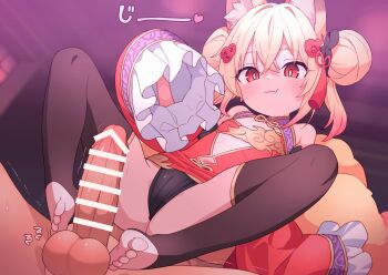1girl animal_ears barefoot black_thighhighs blonde_hair blush double_bun feet footjob hair_bun highres kitsune loli long_hair panties red_eyes robo_mikan smile soles stirrup_legwear thighhighs toeless_legwear toes underwear