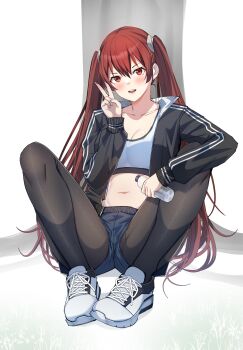1girl absurdres black_jacket blush bottle commentary commission contemporary crop_top english_commentary entogman fire_emblem fire_emblem_awakening full_body highres jacket long_hair midriff navel nintendo pantyhose red_eyes red_hair resting second-party_source severa_(fire_emblem) shoes shorts simple_background sitting smile solo sports_bra sportswear track_jacket twintails upshorts v water_bottle white_background