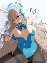 Rule 34 | 1girl, absurdres, animal ears, armpits, artist request, asuna (blue archive), asuna (bunny) (blue archive), black choker, black pantyhose, black thighhighs, blonde hair, blue archive, blue eyes, breasts, choker, collar, detached collar, fake animal ears, gloves, gotoh (gotoh 02), hair ornament, hair over one eye, hair ribbon, halo, highres, huge breasts, large breasts, leotard, long hair, looking at viewer, lying, mole, mole on breast, naughty face, non-web source, official alternate costume, one eye covered, pantyhose, playboy bunny, rabbit ears, ribbon, smile, solo, thighhighs, thighs, white collar, white gloves