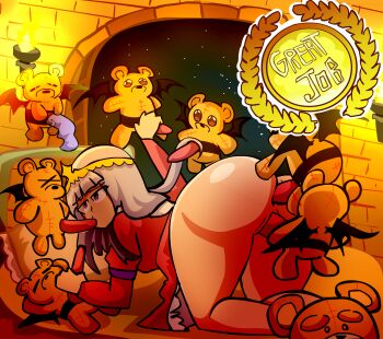 1girl anal aurora_sya_lis_kaymin bed bed_sheet bedroom blowjob_while_penetrated blunt_bangs bow breasts clothes_lift creature crown dildo double_penetration dress dress_bow dress_lift english_text fellatio flying fur_trim group_sex hair_brush hairjob handjob headband headpat highres kneeling long_dress long_hair long_skirt long_sleeves male_masturbation manu_618 maou-jou_de_oyasumi masturbation masturbation_through_clothes oral pajamas penis penis_grab pillow princess purple_hair sex_toy skirt small_breasts sock_on_penis socks strap strap-on stuffed_animal stuffed_toy syalis teddy_bear teddy_demon torch triple_penetration vaginal very_long_hair wings yellow_eyes yellow_headband