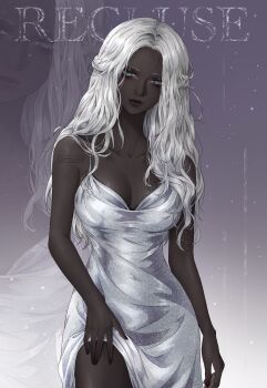 1girl absurdres artelsia black_lips black_skin breasts character_name cleavage colored_skin cowboy_shot dark-skinned_female dark_skin dress elden_ring elden_ring_nightreign highres long_hair looking_at_viewer medium_breasts nose recluse_(elden_ring) silver_dress sleeveless sleeveless_dress solo white_hair