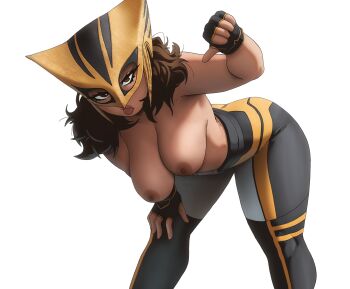 1girl :p absurdres ass bare_shoulders breasts brown_eyes brown_hair commentary dark-skinned_female dark_skin dc_comics english_commentary fingerless_gloves gloves hawkgirl highres inker_comics kendra_saunders large_breasts long_hair looking_at_viewer mask nipples simple_background solo thick_thighs thighs tongue tongue_out white_background wide_hips