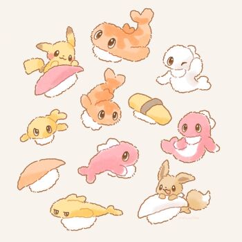 alternate_color bright_pupils brown_eyes eevee fish food gen_1_pokemon hashtag-only_commentary highres mofucoffee nintendo no_humans pikachu pokemon pokemon_(creature) pokemon_focus shiny_pokemon simple_background smile sushi tatsugiri tatsugiri_(curly) tatsugiri_(droopy) tatsugiri_(stretchy) white_pupils