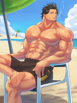 Rule 34 | 1boy, abs, bara, barefoot, beach, black clover, black eyes, black hair, black male swimwear, chair, cigarette, commentary request, facial hair, figure four sitting, highres, iwatanuki510, large pectorals, looking at viewer, male focus, male swimwear, mature male, muscular, muscular male, on chair, pectorals, short hair, sitting, smoking, solo, stubble, swim trunks, topless male, veins, veiny arms, yami sukehiro