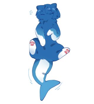 animal animal_focus animal_with_hair animalization blue_cat blue_fur cat closed_eyes commentary facing_viewer fins fish_tail full_body highres kiritani_haruka lying no_humans notice_lines on_back pawpads project_sekai ruruao110 shark_tail short_hair simple_background solo symbol-only_commentary tail tail_wagging white_background
