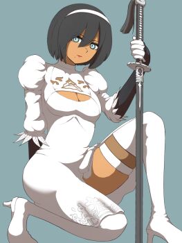 1girl 2p_(nier:automata) arm_behind_back black_hair black_sleeves blue_background blue_eyes boots breasts cleavage cleavage_cutout closed_mouth clothing_cutout commentary_request dark-skinned_female dark_skin detached_sleeves dress edgar0ekaki expressionless feather-trimmed_sleeves full_body gloves hairband highres holding holding_sword holding_weapon katana looking_at_viewer medium_breasts mole mole_under_mouth nier:automata nier_(series) no_blindfold on_one_knee puffy_short_sleeves puffy_sleeves short_hair short_sleeves solo sword thigh_boots weapon white_boots white_dress white_gloves white_hairband