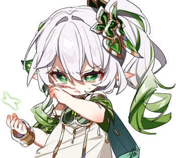 1girl blood blunt_ends cape cross-shaped_pupils detached_sleeves dress genshin_impact gold_trim gradient_hair green_cape green_eyes green_hair green_sleeves hair_between_eyes hair_ornament half_crown_braid jewelry leaf_hair_ornament meda_cha multicolored_hair nahida_(genshin_impact) nosebleed open_mouth pointy_ears shoulder_peek side_ponytail sidelocks solo symbol-shaped_pupils white_dress white_hair