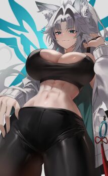 Rule 34 | 1girl, abs, absurdres, animal ear fluff, animal ears, aqua eyes, black sports bra, breasts, cleavage, commentary, feixiao (honkai: star rail), fox ears, fox girl, from below, grey hair, hair intakes, highres, honkai: star rail, honkai (series), jacket, large breasts, long hair, midriff, navel, open clothes, pants, revision, simple background, solo, sports bra, sportswear, symbol-only commentary, thuban ap, tight clothes, tight pants, toned, toned female, very long hair, white background, white jacket, yoga pants