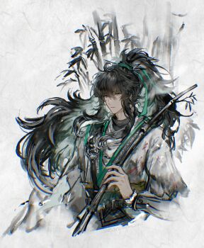 1boy absurdres arm_armor bamboo black_hair cloak closed_mouth commentary_request esonichino grey_eyes hair_between_eyes highres holding long_hair looking_at_viewer male_focus qiuyuan_(wuthering_waves) solo white_cloak wuthering_waves