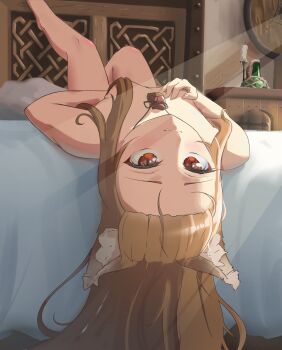 1girl absurdres animal_ear_fluff animal_ears bedroom bottle breasts brown_hair candle candlestand closed_mouth commentary completely_nude covering_breasts covering_privates english_commentary eyelashes factor_j fang foot_up hair_over_breasts hair_over_shoulder hand_on_own_chest hand_on_own_stomach highres holo indoors jewelry knee_up light_rays light_smile long_hair looking_at_viewer lying necklace nightstand nude on_back on_bed pillow pouch red_eyes small_breasts solo spice_and_wolf sunbeam sunlight teasing upside-down upturned_eyes wolf_ears wolf_girl