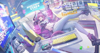 Rule 34 | 1girl, 1s44c, arknights, arknights: endfield, computer keyboard, controller, crossed legs, game controller, gloves, horns, lying, monitor, navel, on back, pants, pink hair, yvonne (arknights)