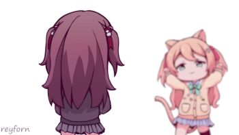 Rule 34 | 1boy, 2girls, ?, animal ears, animated, aqua eyes, artist name, black thighhighs, blush, bow, brown hair, cat ears, cat girl, cat tail, dancing, demon tail, english text, evil neuro-sama, frown, hair bow, hair ornament, heart, heart hair ornament, highres, horns, indie virtual youtuber, lonely lonely dance (meme), long hair, looking at another, meme, multiple girls, music, neuro-sama, no, orange hair, paw pose, pout, red eyes, reyforn, simple background, single sock, single thighhigh, skirt, smile, socks, sound, sweater, tagme, tail, thighhighs, tsundere, vedal987, vedal ai, video, virtual youtuber, white background