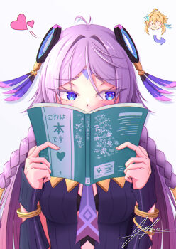 2girls absurdres arrow_(symbol) blue_eyes book bracelet chibi citlali_(genshin_impact) commentary_request genshin_impact hair_intakes hand_up heart highres holding holding_book jewelry long_hair looking_to_the_side lumine_(genshin_impact) multiple_girls pink_hair ring_hair_ornament safhier translation_request upper_body very_long_hair