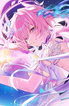 1girl absurdres b_soyo1 bare_shoulders commentary cyrene_(honkai:_star_rail) cyrene_(ripples_of_past_reverie)_(honkai:_star_rail) diamond-shaped_pupils diamond_(shape) earrings flower from_side hair_flower hair_ornament hashtag-only_commentary highres holding_orb honkai:_star_rail honkai_(series) jewelry long_hair looking_at_viewer looking_to_the_side parted_lips pink_hair pointy_ears purple_eyes purple_flower purple_rose revision rose sidelocks smile solo symbol-shaped_pupils upper_body