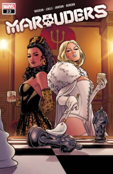 2girls absurdres black_dress black_hair black_lace_trim black_nails blonde_hair blue_eyes bodice breasts character_request chess_piece cloak comic_cover copyright_logo copyright_name cover cover_page cowboy_shot cup curly_hair dark-skinned_female dark_skin dress earrings elbow_gloves emma_frost fingerless_gloves fur-trimmed_cloak fur_trim gloves gold_earrings highres holding holding_riding_crop indoors jewelry lace_trim logo long_hair looking_at_viewer looking_to_the_side makeup marvel matt_wilson medium_breasts medium_hair mole mole_on_cheek multiple_girls official_art panties parted_hair riding_crop russell_dauterman sebastian_shaw thighhighs underwear veil western_comics_(style) white_bodice white_cloak white_gloves white_lips white_panties white_thighhighs x-men yellow_gloves