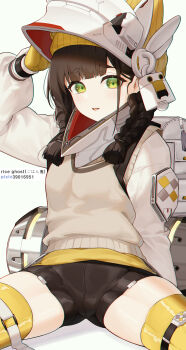 1girl absurdres animal_hat backpack bag black_shorts blush braid brown_hair cat_hat chime_(nikke) gloves goddess_of_victory:_nikke green_eyes hat helmet highres jacket long_hair long_sleeves looking_at_viewer rice_ghost short_eyebrows short_shorts shorts solo spread_legs sweater_vest thick_eyebrows thick_thighs thighhighs thighs twin_braids white_background white_jacket yellow_gloves yellow_hat yellow_thighhighs