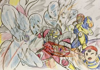 Rule 34 | 5boys, absurdres, acceptor, armor, bad id, bad pixiv id, baseball cap, black hair, captain falcon, clenched hands, commentary, crossover, denkou choujin gridman, f-zero, gloves, gridman (character), gridman (denkou choujin), hat, helmet, highres, igomaru, male focus, mother (series), mother 2, multiple boys, multiple crossover, ness (mother 2), nintendo, no humans, no pupils, scarf, shirt, shoulder armor, smile, super smash bros., tabuu, tokusatsu, translation request, wings, yellow eyes