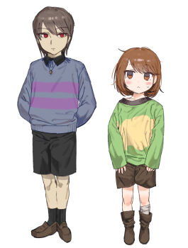 Rule 34 | 2others, absurdres, alternate universe, androgynous, arms behind back, black shorts, black socks, blue sweater, blush, blush stickers, brown hair, brown shoes, brown shorts, chara (undertale), closed mouth, collared sweater, commentary request, frisk (undertale), green sweater, heart, heart necklace, heart soma, highres, jewelry, long sleeves, looking at viewer, messy hair, multiple others, necklace, other focus, red eyes, shirt, shoes, short hair, shorts, simple background, socks, striped clothes, striped sweater, sweater, two-tone sweater, underswap, undertale, unusually open eyes, utdr (toby fox)