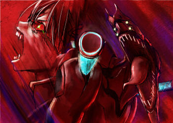 00s eva_02 evangelion:_2.0_you_can_(not)_advance glowing glowing_eye glowing_eyes green_eyes highres kath makinami_mari_illustrious mecha monochrome neon_genesis_evangelion open_mouth profile rebuild_of_evangelion red_theme robot sharp_teeth shouting spot_color teeth tongue