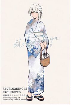 1girl animal_print basket blue_kimono braid braided_hair_rings closed_mouth fish_print flower full_body hair_flower hair_ornament hair_rings highres holding holding_basket japanese_clothes kaine_(nier) kimono kurosawa_kazuto light_blush long_hair nier_(series) print_kimono sandals solo twintails updo white_flower white_hair yellow_eyes