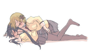 2girls akemi_homura black_hair black_pantyhose black_skirt blonde_hair blush blush_stickers bra bra_slip breasts closed_eyes clothes_lift clothes_pull drill_hair grabbing_another's_ass groping hair_ornament hairband juliet_sleeves leg_up long_sleeves lying lying_on_person mahou_shoujo_madoka_magica medium_breasts mitakihara_school_uniform multiple_girls no_shoes on_stomach pantyhose puffy_sleeves red_bra ribbon school_uniform shirt shirt_pull skirt skirt_lift takishima_asaka tomoe_mami twin_drills underwear white_background yellow_shirt yuri