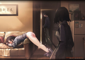 1boy 2girls absurdres ass black_hair chinese_commentary clothes_pull commentary_request couch crying door fireball_666 hair_ornament hairclip highres indoors maid multiple_girls on_couch original panties pants pants_pull panty_pull refrigerator short_hair spanked sweater underwear