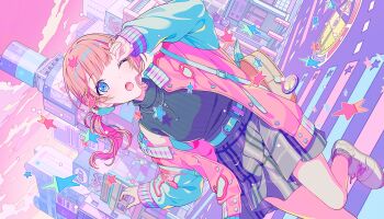 1girl ;o apple belt black_shirt blue_belt blue_eyes bone brown_hair building cloud colorful_palette dutch_angle food fruit game_cg grey_skirt hair_ornament hair_scrunchie heart highres jacket jewelry leg_up mochizuki_honami necklace official_art one_eye_closed open_clothes open_jacket outdoors phenny_(project_sekai) pin pink_jacket pink_sky pleated_skirt project_sekai scrunchie shirt shoes side_ponytail sidewalk skirt sky solo star_(symbol) star_in_eye symbol_in_eye third-party_source unsteady_still_steady_step_(project_sekai) white_scrunchie white_shoes yellow_bag