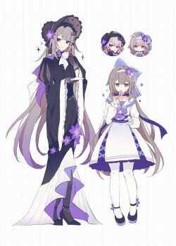 2girls black_dress black_gloves black_pantyhose black_shoes brown_hair closed_mouth dress flower full_body gloves hashtag-only_commentary herta_(honkai:_star_rail) herta_(puppet)_(honkai:_star_rail) herta_(puppet)_(tea_break)_(honkai:_star_rail) high_heels highres holding holding_plate honkai:_star_rail honkai_(series) ki_ii37 long_hair long_sleeves looking_at_viewer multiple_girls official_alternate_costume pantyhose plate purple_eyes purple_flower shoes smile standing the_herta_(honkai:_star_rail) the_herta_(tea_break)_(honkai:_star_rail) utensil_in_mouth very_long_hair white_dress white_pantyhose wide_sleeves