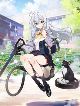 Rule 34 | 1girl, ahoge, animal, bag, bag charm, black shoes, black skirt, black socks, blazer, blue eyes, blurry, blurry background, bow, bowtie, braid, building, cat, charm (object), closed mouth, collared shirt, commentary request, crossed bangs, day, dress shirt, elaina (majo no tabitabi), floating, floating hair, grey hair, grey jacket, hair between eyes, hair tubes, heart, highres, jacket, kneehighs, loafers, long braid, long hair, long sleeves, looking at viewer, majo no tabitabi, nyoro (nyoronyoro000), open clothes, open jacket, outdoors, pleated skirt, robotic vacuum cleaner, school bag, school uniform, shirt, shoes, side braid, single braid, skirt, smile, socks, solo, star (symbol), vacuum cleaner, very long hair, white shirt, yellow bow, yellow bowtie