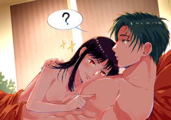 1boy 1girl ? abs absurdres astrid_(fire_emblem) bare_arms black_hair breasts commission commissioner_upload completely_nude convenient_censoring fire_emblem fire_emblem:_radiant_dawn green_eyes green_hair highres large_pectorals long_hair mango_(mgosketches) medium_breasts muscular muscular_male naughty_face nintendo nipple_stimulation nipple_tweak non-web_source nude pectorals smile solo_focus sothe_(fire_emblem) under_covers upper_body