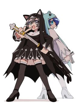 Rule 34 | 2girls, back-to-back, black dress, black thighhighs, blue eyes, blue hair, cross-shaped pupils, digimon, digimon (creature), digua92537359, dress, full body, grey eyes, grey hair, gun, highres, holding, holding gun, holding sword, holding weapon, katana, multiple girls, nun, simple background, sistermon ciel, sistermon noir, sword, symbol-shaped pupils, thighhighs, weapon, weapon switch, white background, white dress, white thighhighs