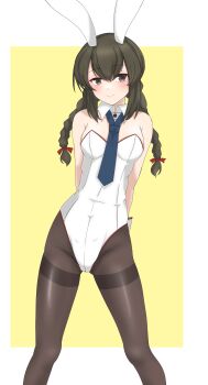 1girl absurdres animal_ears arms_behind_back black_eyes black_hair black_pantyhose blue_necktie braid breasts covered_navel cowboy_shot detached_collar fake_animal_ears gluteal_fold hair_between_eyes hair_ribbon highres isonami_(kancolle) kantai_collection leotard looking_at_viewer medium_breasts necktie nitamako_(sakamalh) pantyhose playboy_bunny rabbit_ears red_ribbon ribbon sidelocks smile solo strapless strapless_leotard thighband_pantyhose two-tone_background white_background white_leotard wrist_cuffs yellow_background