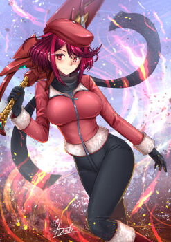 1girl asouto black_pants black_scarf fire hat highres jacket pants pyra_(xenoblade) red_eyes red_hair red_jacket red_sword scarf sword weapon xenoblade_chronicles_(series) xenoblade_chronicles_2