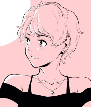 1girl bra_strap collarbone commentary_request earrings highres jewelry lee_(dragon_garou) limited_palette looking_to_the_side necklace off-shoulder_shirt off_shoulder original parted_lips pink_background pink_theme portrait shirt short_hair smile solo stud_earrings