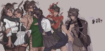 6+boys absurdres animal_ears apron black_dress cat_ears cat_tail colored_skin cowboy_shot dog_ears dress e.g.o_(project_moon) fell_bullet_(e.g.o) fox_ears full-stop_office_(identity)_(project_moon) glasses green_apron grey_background heathcliff_(project_moon) highres limbus_company mercuryhx multicrack_office_(identity)_(project_moon) multiple_boys multiple_persona open_mouth oufi_association_south_uniform pequod_(identity)_(project_moon) project_moon purple_eyes purple_skin rabbit_ears rabbit_tail seven_association_south_uniform shi_association_south_uniform shirt short_sleeves simple_background slingshot_swimsuit sunshower_(e.g.o) swimsuit tail telepole_(e.g.o) white_shirt wolf_ears wolf_tail