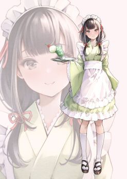 1girl apron bow brown_hair commentary_request frills full_body geta green_kimono grey_eyes hair_bow highres japanese_clothes kimono looking_at_viewer low_twintails maid maid_headdress mizuki_hana multiple_hair_bows original platform_sandals sandals smile socks solo spilling tray twintails wa_maid waist_apron waitress white_socks wide_sleeves