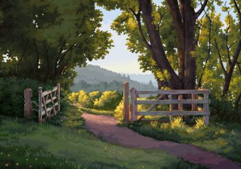 blue_sky day fence flower forest gate grass highres hill nature no_humans original outdoors path pixel_art road scenery scilex sky sunlight tree wooden_fence yellow_flower