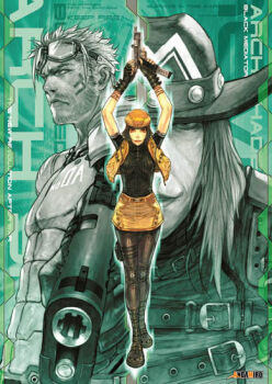 Rule 34 | 1girl, 2boys, archived source, archshade, armor, arms up, beard stubble, belt, belt buckle, black gloves, black shirt, black shoes, black sleeves, breasts, buckle, cheek tattoo, commentary request, copyright name, cowboy hat, english text, facial hair, fingerless gloves, frown, gloves, goggles, goggles on head, green background, gun, hat, holding, holding gun, holding weapon, knee pads, korean commentary, logo, medium breasts, multiple belts, multiple boys, mustache stubble, nostrils, official art, opon, orange hat, orange skirt, orange vest, pouch, ribbed shirt, shirt, shoes, short hair, skirt, stubble, tattoo, thigh pouch, v-shaped eyebrows, very short hair, vest, weapon