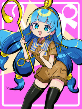 1girl :d belt black_thighhighs blue_eyes blue_hair blunt_bangs brown_shirt brown_shorts collared_shirt commentary earrings facial_mark feet_out_of_frame gold_headband hair_ornament harakune_(mugennero) highres holding holding_scepter jewelry key_earrings long_hair looking_at_viewer michigami_nareko open_mouth scepter shirt short_sleeves shorts smile solo sphere_hair_ornament standing thighhighs touhou triangle triangle_facial_mark