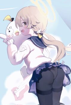 1girl :d ass assault_rifle black_pantyhose blue_archive blue_sailor_collar blue_skirt blue_sky brown_eyes brown_hair bullpup cloud cowboy_shot emblem frilled_panties frills gun halo hands_up hashtag-only_commentary hifumi_(blue_archive) highres holding holding_stuffed_toy l85 loli long_hair long_sleeves looking_at_viewer looking_back looking_to_the_side meng_yin miniskirt open_mouth panties panties_under_pantyhose pantyhose peroro_(blue_archive) rifle sailor_collar sideways_mouth skirt sky smile solo standing stuffed_toy sweater teeth thighband_pantyhose thighs trinity_general_school_logo twintails underwear upper_teeth_only very_long_hair weapon white_panties white_sweater yellow_halo
